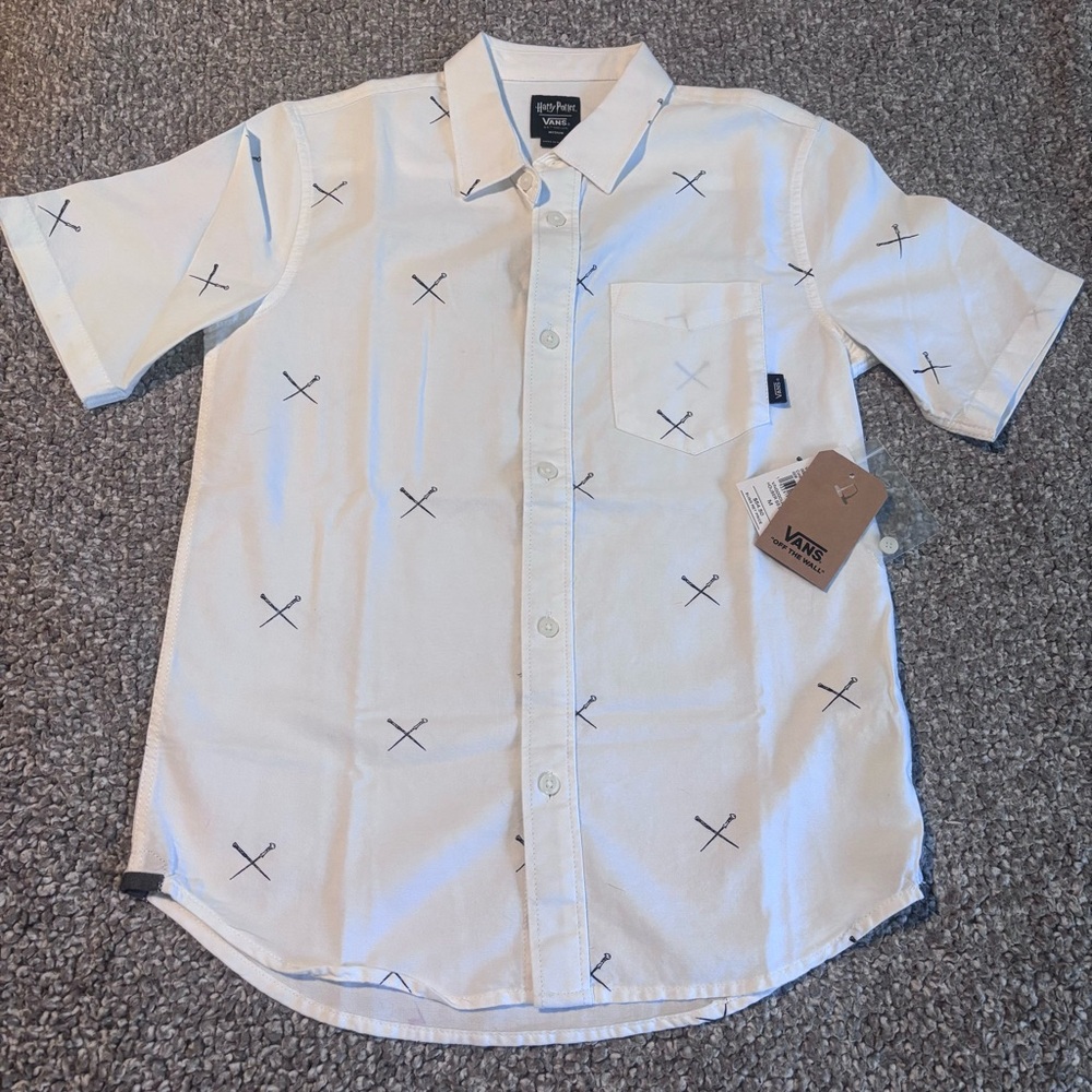 Vans White Casual Button Down Shirt with Harry Potter Sword Design